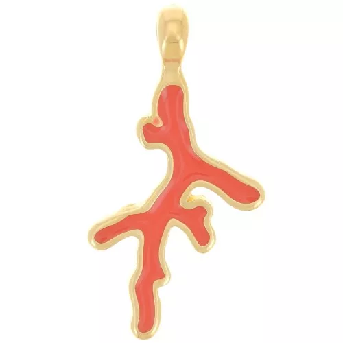 Pendentif corail 27x14 mm avec résine époxy - Doré à l'or fin - Orange x1