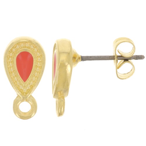 Clous d'oreilles goutte 13x7 mm - Doré à l'or fin - Orange x2