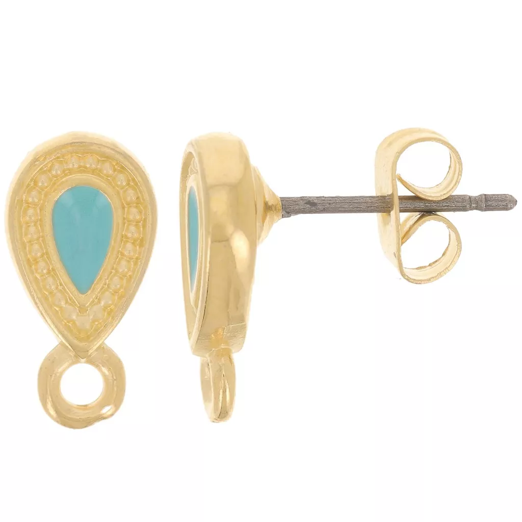 Boucles D'oreilles Clous Dorés Antique, Goutte Bleu Marine Et Perle Blanche YW8