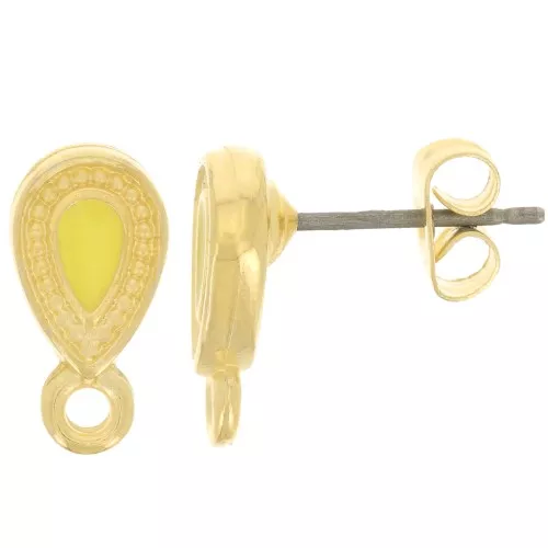 Clous d'oreilles goutte 13x7 mm avec résine époxy - Doré à l'or fin - Jaune x2