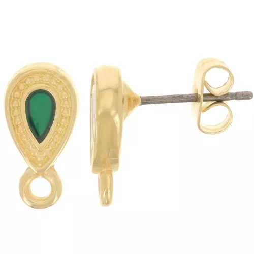 Clous d'oreilles goutte 13x7 mm époxy effet vitrail - Doré à l'or fin - Vert x2