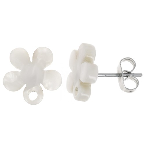 Clous d'oreilles fleur en acétate 11 mm - Ecaille de tortue - Blanc nacré x2