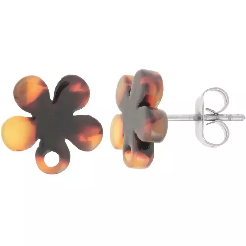 Clous d'oreilles fleur en acétate 11 mm - Ecaille de tortue - Marron - Noir x2