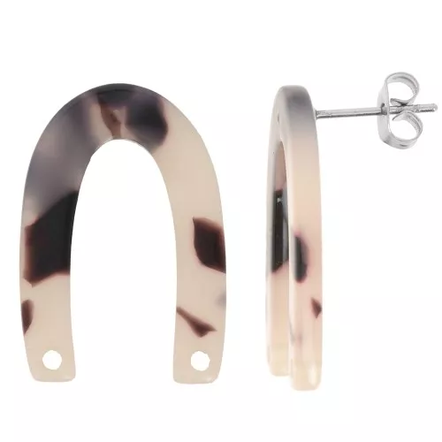 Clous d'oreilles forme U 26x17 mm - Ecaille de tortue - Beige - Noir x2