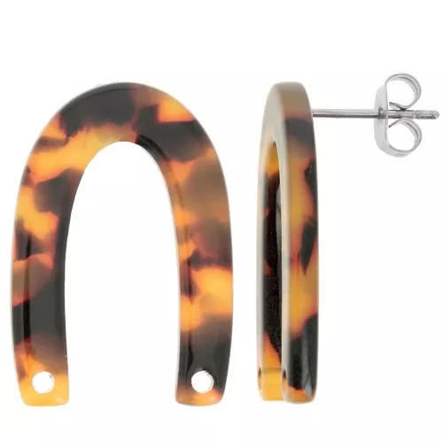 Clous d'oreilles forme U 26x17 mm - Ecaille de tortue - Marron - Noir x2