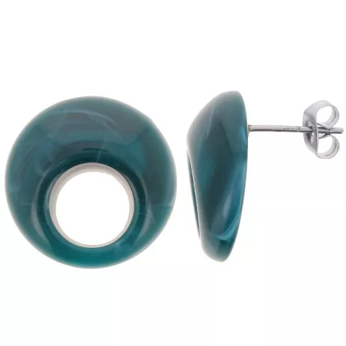 Clous d'oreilles rond évidé 20mm en acrylique - Marbré Bleu pétrole x2