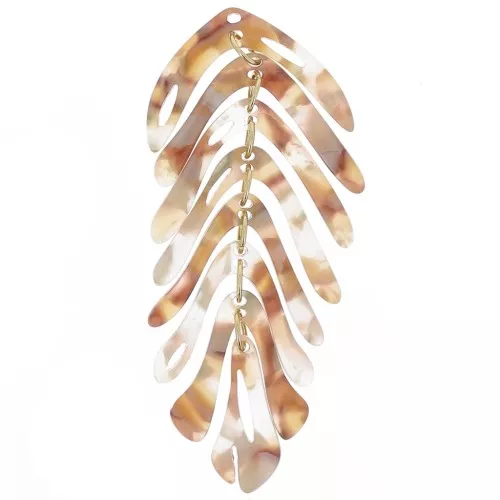 Pendentif feuille 71x28 mm - Ecaille de tortue - Multi marron - Gris nacré x1
