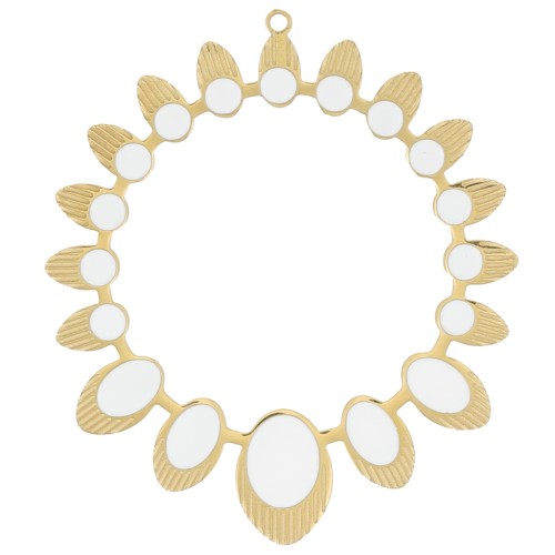 Pendentif rond évidé ethnique 34 mm et résine époxy - Acier inox 316L Doré - Blanc