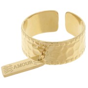 Bague large martelée réglable et anneau ouvert - T.53 à 58 Acier inox 316L Doré