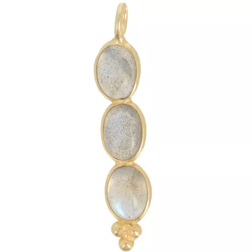 Pendentif long 32x6 mm avec 3 pierres gemmes - Doré à l'or fin - Labradorite x1