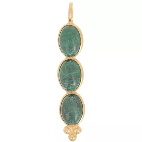 Pendentif long 32x6 mm avec 3 pierres gemmes - Doré à l'or fin - Malachite x1