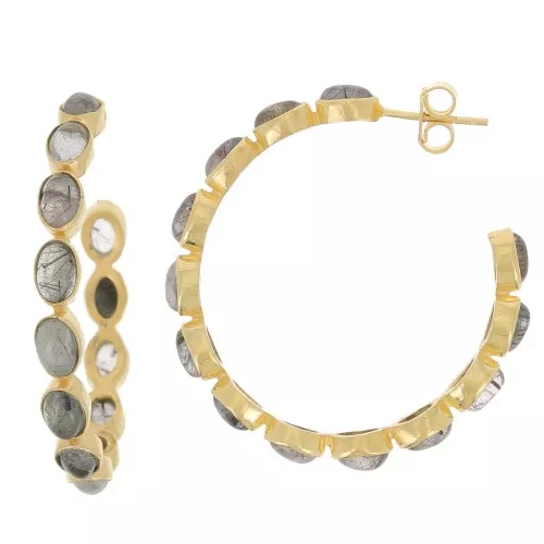 Créoles serties de pierres gemmes - 43 mm - Doré à l'or fin - Quartz rutile x2