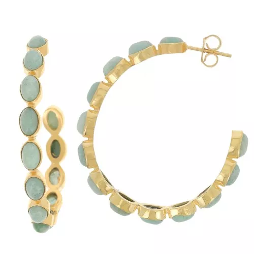 Créoles serties de pierres gemmes - 43 mm - Doré à l'or fin - Amazonite x2