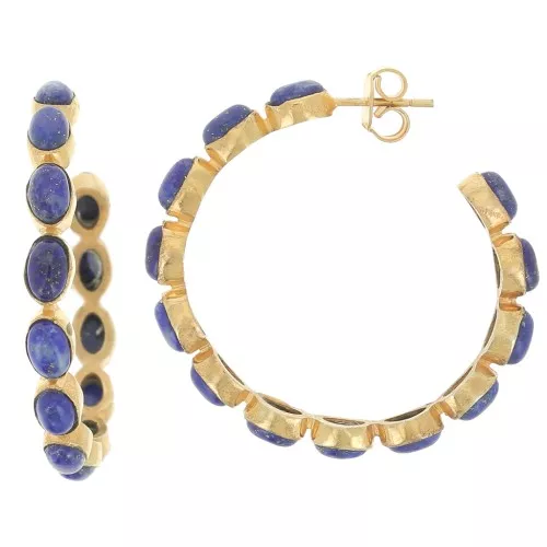 Créoles serties de pierres gemmes - 43 mm - Doré à l'or fin - Lapis lazuli x2