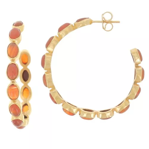 Créoles serties de pierres gemmes - 43 mm - Doré à l'or fin - Cornaline x2