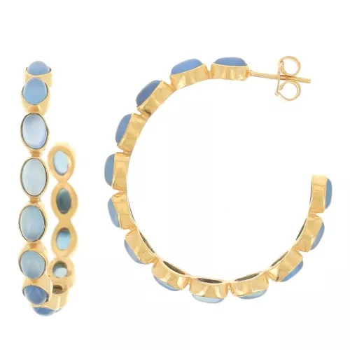 Créoles serties de pierres gemmes - 43 mm - Doré à l'or fin - Calcédoine bleue x2