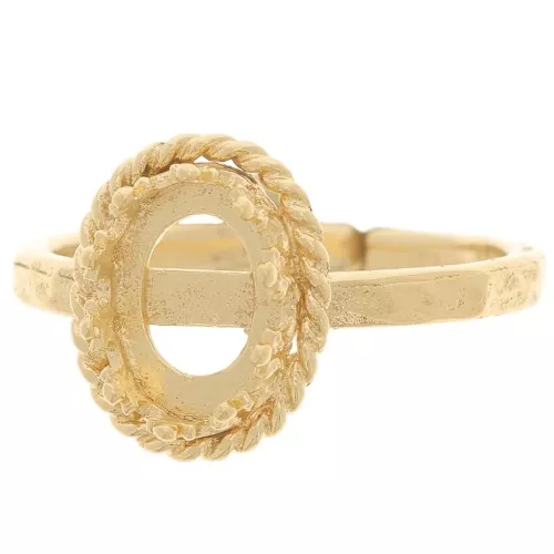 Bague réglable martelée T52 à 56 - décor couronne pour cabochon 8x6 mm Doré Or fin