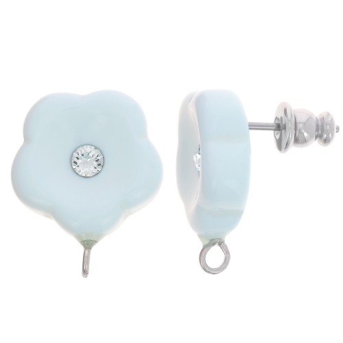 Clous d'oreilles fleurs en résine 15 mm avec strass - Bleu layette x2