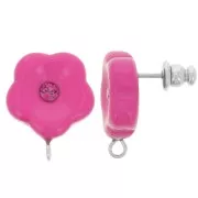 Clous d'oreilles fleurs en résine 15 mm avec strass - Fuchsia x2
