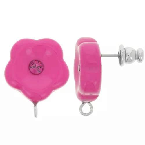 Clous d'oreilles fleurs en résine 15 mm avec strass - Fuchsia x2