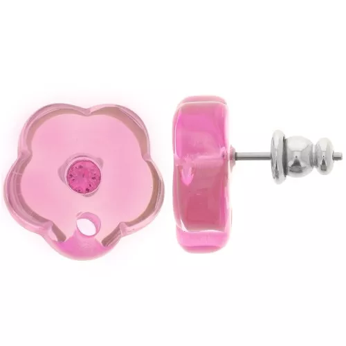 Clous d'oreilles fleurs en résine transparente 15 mm avec strass - Rose x2
