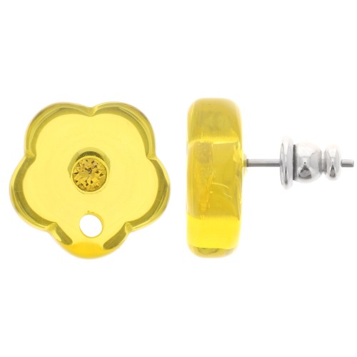 Clous d'oreilles fleurs en résine transparente 15 mm avec strass - Jaune soleil x2
