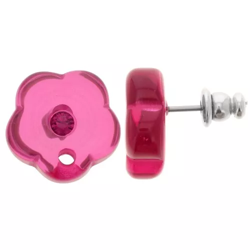 Clous d'oreilles fleurs en résine transparente 15 mm avec strass - Rose foncé x2