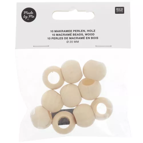 Set de 10 perles rondes en bois brut gros trou 19 mm pour macramé - Naturel