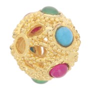 Perle ronde aplatie filigranée 9x8mm avec pierres gemmes teintées - Onyx - Doré x1