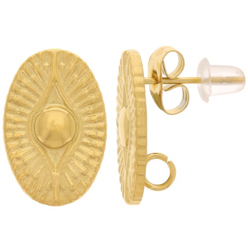 Clous d'oreilles ovales 16x10.5 mm - motif oeil - Acier inoxydable 304L Doré x2