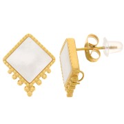 Clous d'oreilles losange 15.5x13mm boules et nacre - Acier inox 304L Doré x2
