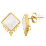 Clous d'oreilles losange 15.5x13mm boules et nacre - Acier inox 304L Doré x2