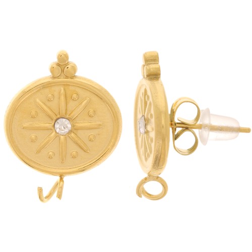 Clous d'oreilles ovales 18x14 mm - motif étoile avec CZ - Acier inox 316L Doré x2