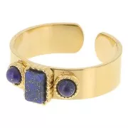 Bague 3 cabochons pierre gemme T.55 à 60 - Acier inox 316L Doré - Lapis lazuli x1