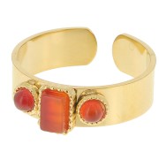 Bague 3 cabochons pierre gemme T.55 à 60 - Acier inox 316L Doré - Agate rouge x1