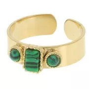 Bague 3 cabochons imitation gemme T.55 à 60 - Acier inox 316L Doré - Malachite