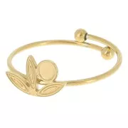 Bague fine réglable T.52 à T.58 motif fleur & cabochon 3 mm - Acier inox 316L Doré