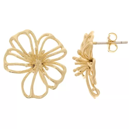Clous d'oreilles fleur évidée 17x19 mm avec anneau ouvert - Doré à l'or fin x2