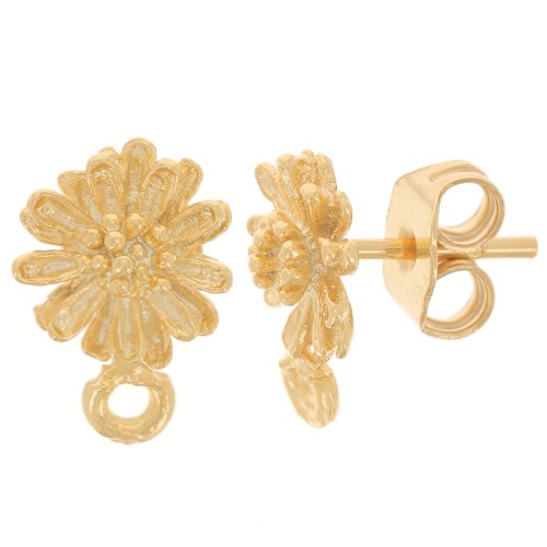 Clous d'oreilles Fleur Marguerite 8.5 mm avec anneau fermé - Doré à l'or fin x2