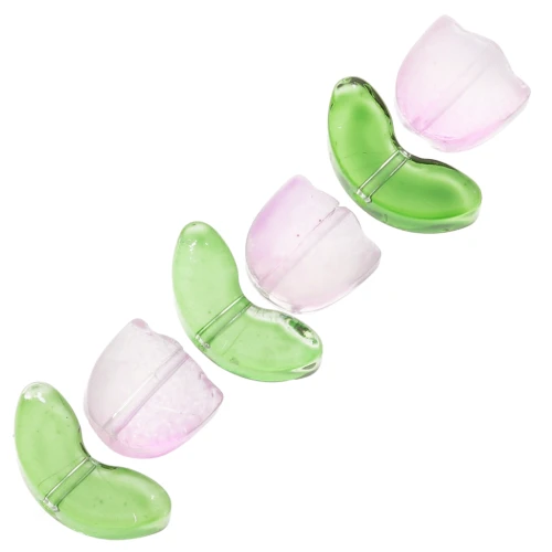 Set de 6 Perles Tulipe en verre - 14 mm - Fleur Rose - Vert