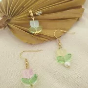 Set de 6 Perles Tulipe en verre - 14 mm - Fleur Rose - Vert