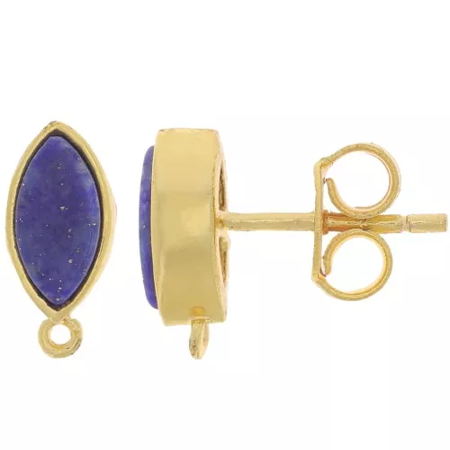 Clous d'oreilles navette 11x5 mm avec pierre gemme - Doré - Lapis lazuli x2