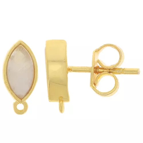 Clous d'oreilles navette 11x5 mm avec pierre gemme - Doré - Pierre de lune x2