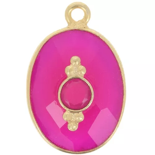 Pendentif ovale facetté 20x13 mm avec serti - Doré à l'or fin - Calcédoine rose x1