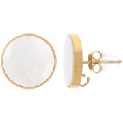 Clous d'oreilles ronds 13 mm avec nacre et anneau ouvert - Acier inox 316L Doré x2