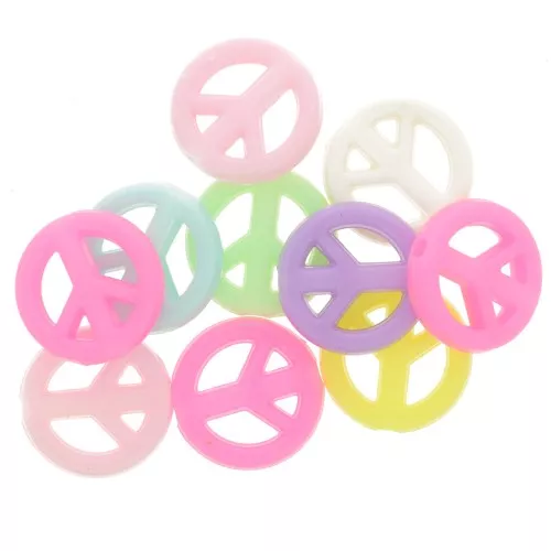 Assortiment de 10 perles rondes peace and love 16 mm en acrylique - Multicolore