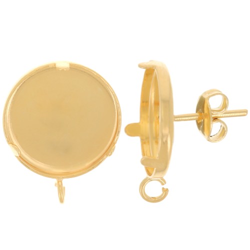 Clous d'oreilles serti pour cabochon 15 mm - anneau ouvert - Doré à l'or fin x2