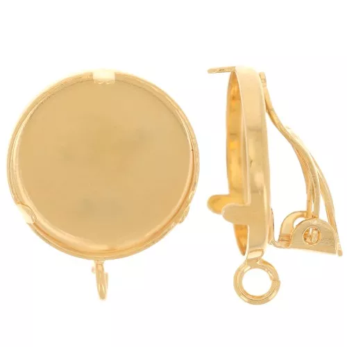 Clips d'oreilles serti pour cabochon 15 mm - anneau ouvert - Doré à l'or fin x2