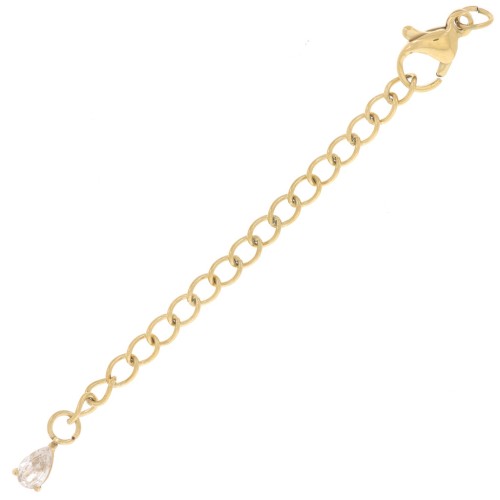 Fermoir mousqueton 10mm - chainette d'extension et goutte CZ - Acier inox 304 Doré