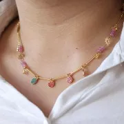 Breloque ronde 7 mm avec strass - Doré - Fuchsia x1